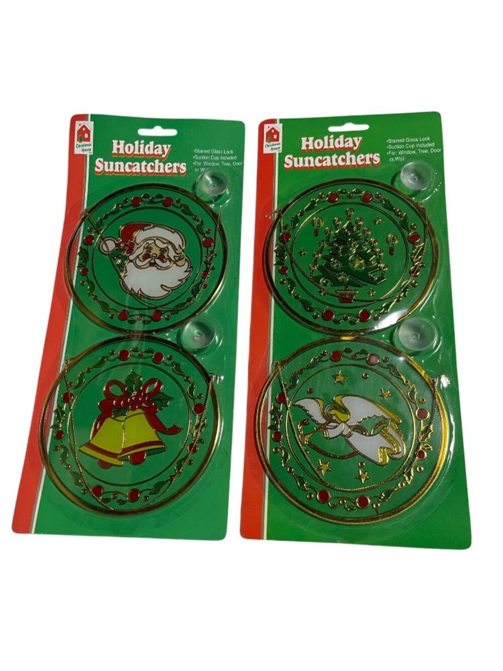 Christmas House Holiday Suncatchers Stained Glass Look Set Of 4 Santa Angel Bell